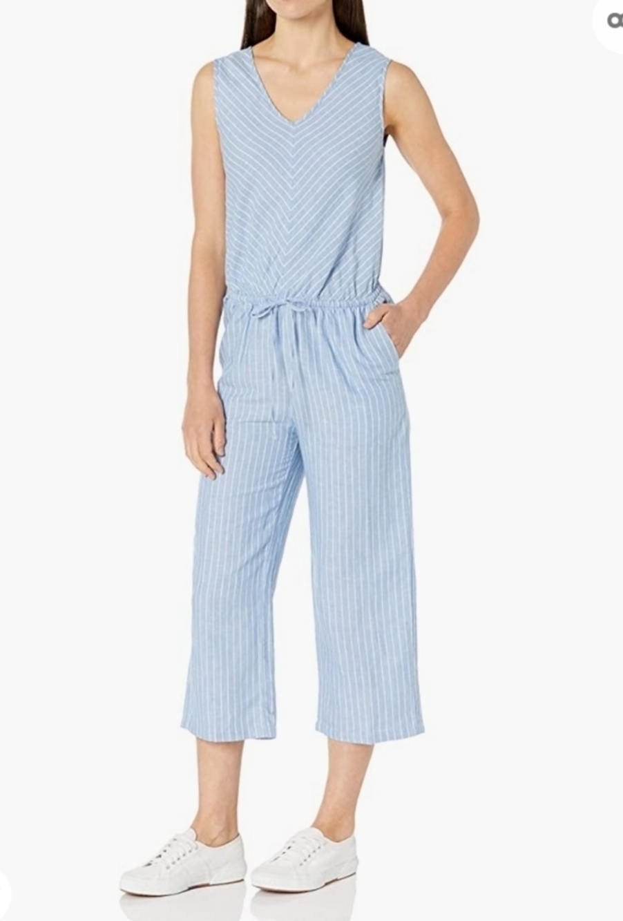 Amazon Essentials Blue and White Sleeveless Linen Blend Crop Jumpsuit Size 0 - Picture 1 of 9